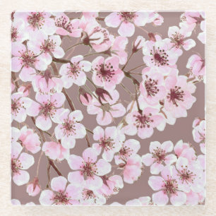 Cherry Blossom Branches Watercolor Pattern Glass Coaster