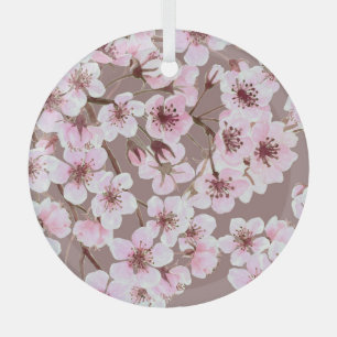 Cherry Blossom Branches Watercolor Pattern Glass Ornament