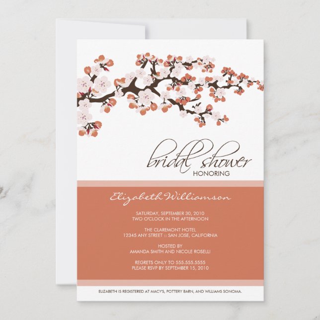 Cherry Blossom Bridal Shower Invitation (coral) (Front)