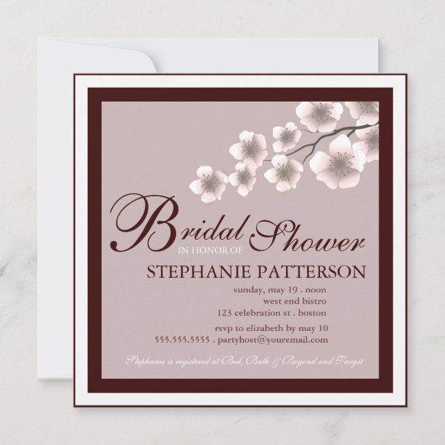 Cherry Blossom Bridal Shower Invitation Plum Brown (Front)