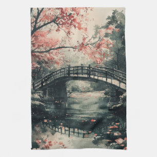 Cherry Blossom Bridge Sumi-E Landscape (1) Kitchen Towel