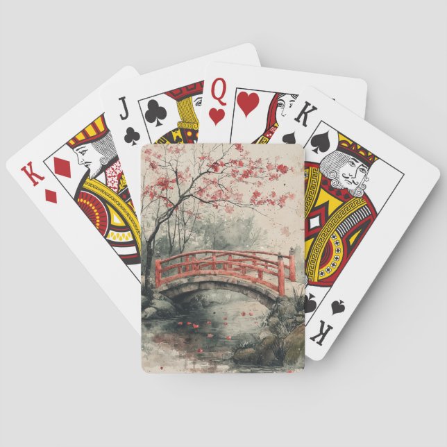 Cherry Blossom Bridge Sumi-E Landscape (2) Playing Cards (Back)