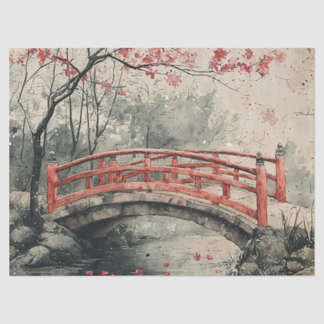 Cherry Blossom Bridge Sumi-E Landscape (2) Tissue Paper (Front)
