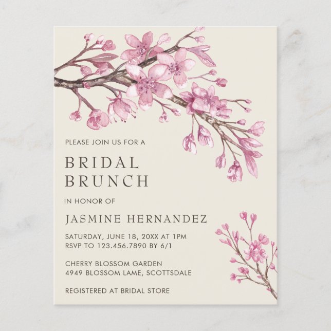 Cherry Blossom Budget Bridal Brunch Invitation Flyer (Front)