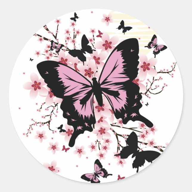 Cherry Blossom Butterflies  Classic Round Sticker (Front)