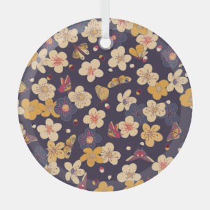 Cherry Blossom Butterfly Asian Print Glass Ornament