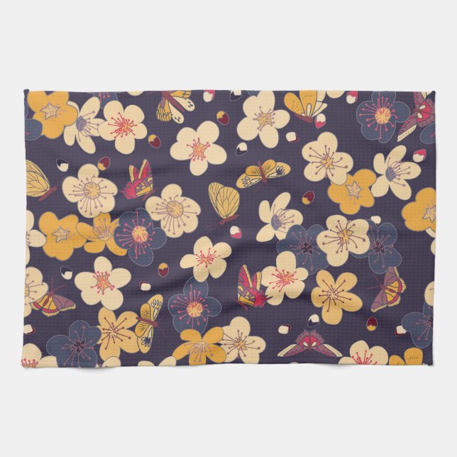 Cherry Blossom Butterfly Asian Print Kitchen Towel (Horizontal)