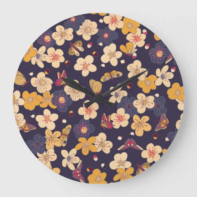 Cherry Blossom Butterfly Asian Print Large Clock (Front)