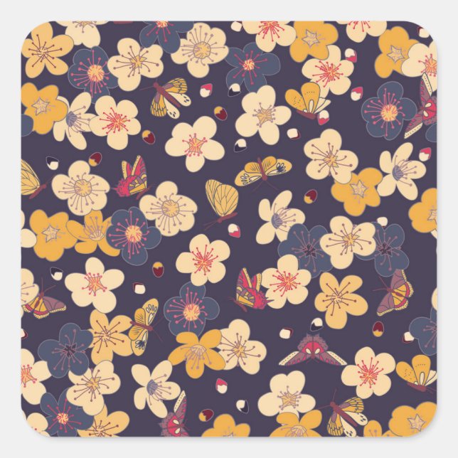 Cherry Blossom Butterfly Asian Print Square Sticker (Front)