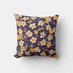 Cherry Blossom Butterfly Asian Print Throw Pillow