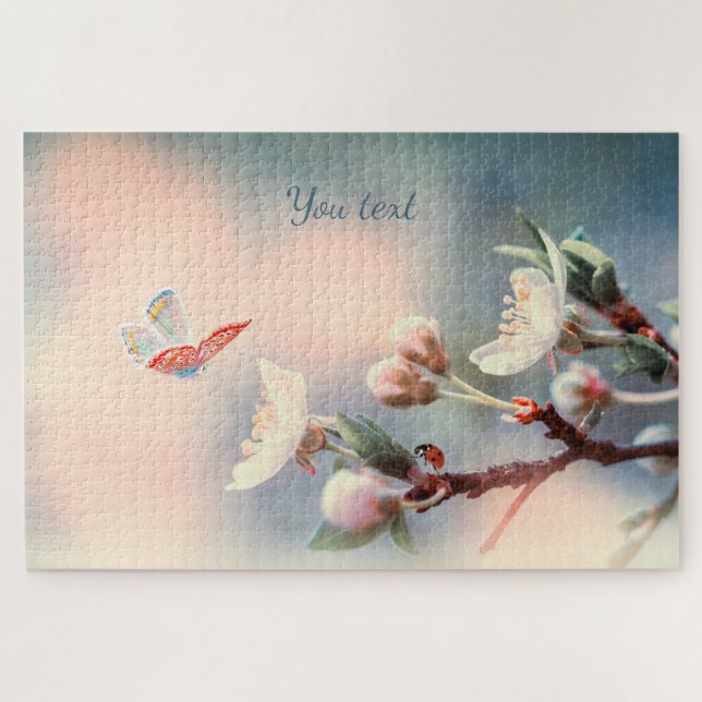 Cherry blossom, butterfly, ladybug retro pastel jigsaw puzzle (Horizontal)