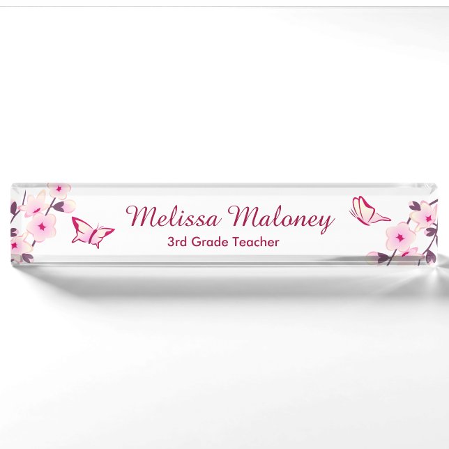 Cherry Blossom Butterfly Pink White Teachers Nameplate (Front)