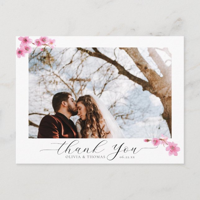 Cherry Blossom Calligraphy Wedding Photo Thank You Postcard (Front)
