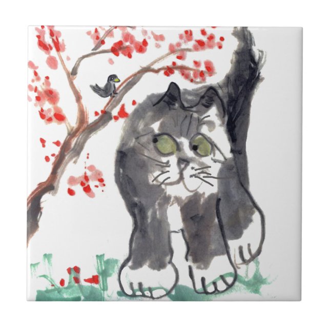 Cherry Blossom Cat and Bird Tile (Front)