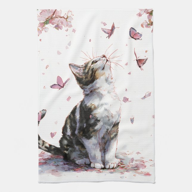 Cherry Blossom Cat and Butterflies (10) Kitchen Towel (Vertical)