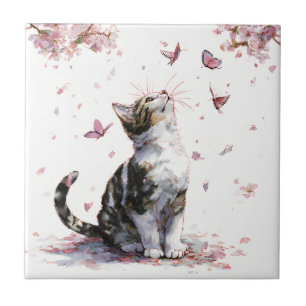 Cherry Blossom Cat and Butterflies (10) Tile