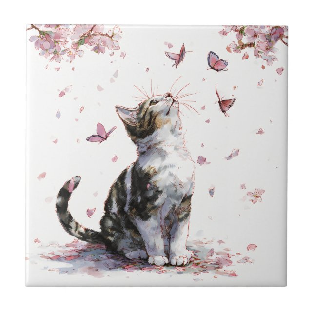 Cherry Blossom Cat and Butterflies (10) Tile (Front)
