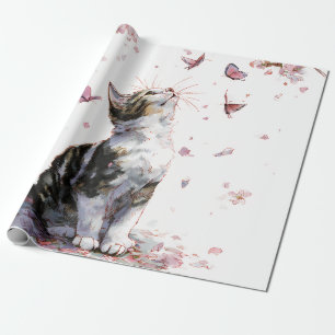 Cherry Blossom Cat and Butterflies (10) Wrapping Paper