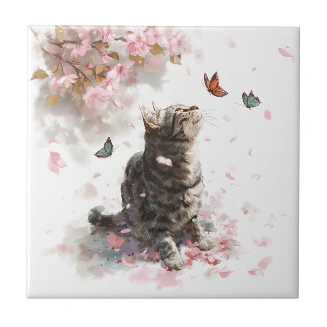 Cherry Blossom Cat and Butterflies (11) Tile (Front)
