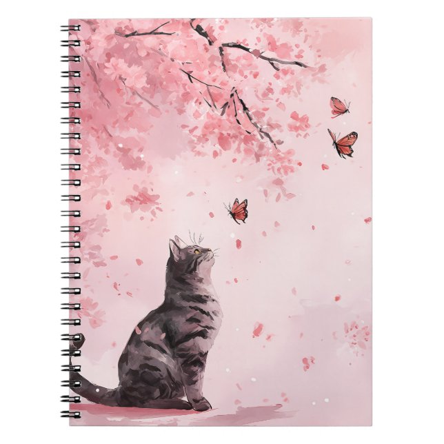 Cherry Blossom Cat and Butterflies (12) Notebook (Front)