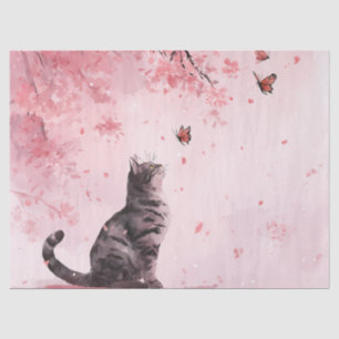 Cherry Blossom Cat and Butterflies (12) Tissue Paper