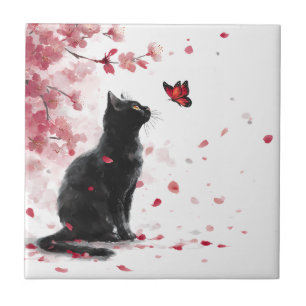 Cherry Blossom Cat and Butterflies (14) Tile