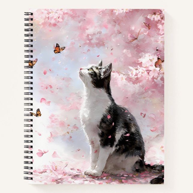 Cherry Blossom Cat and Butterflies (1) Notebook (Front)