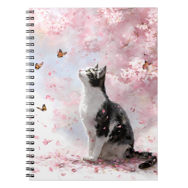 Cherry Blossom Cat and Butterflies (1) Notebook (Front)