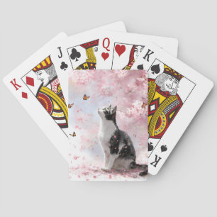 Cherry Blossom Cat and Butterflies (1) Playing Cards