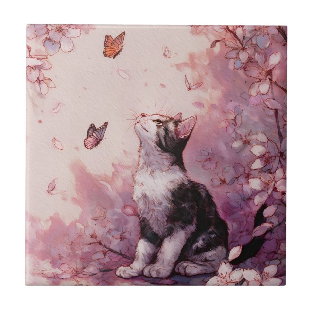 Cherry Blossom Cat and Butterflies (2) Tile (Front)
