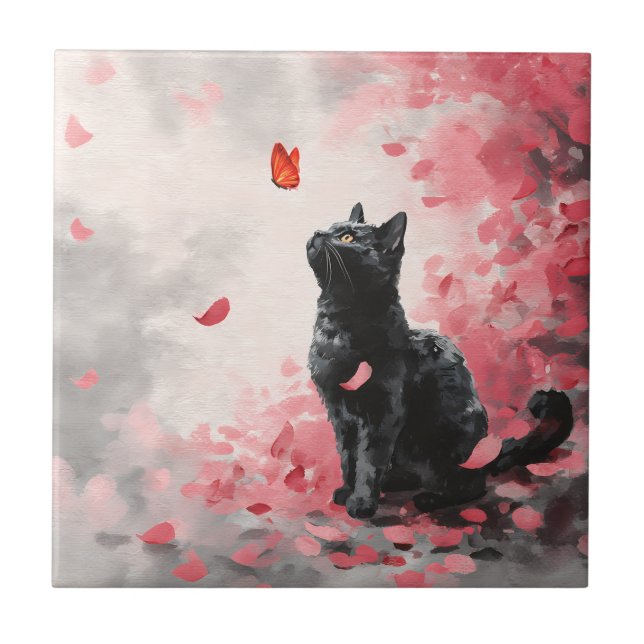 Cherry Blossom Cat and Butterflies (3) Tile (Front)