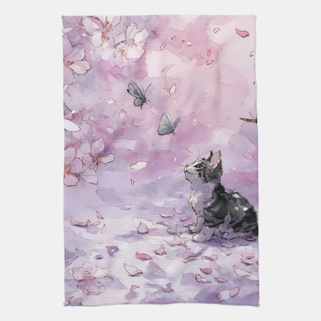 Cherry Blossom Cat and Butterflies (5) Kitchen Towel (Vertical)