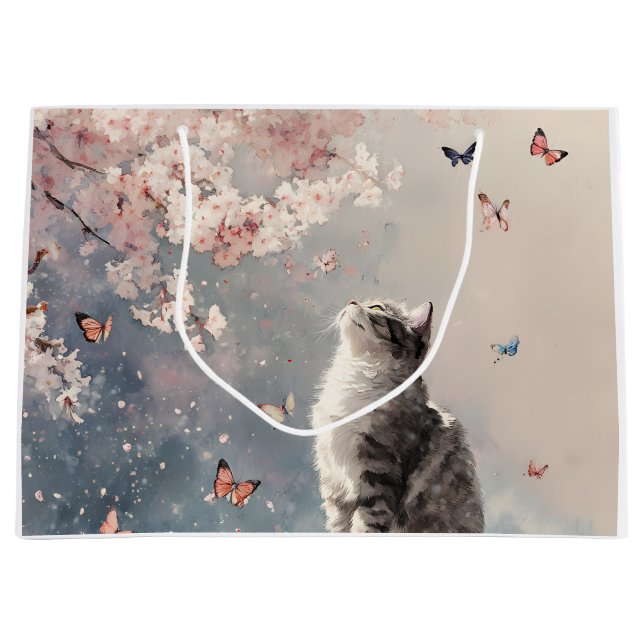 Cherry Blossom Cat and Butterflies (6) Large Gift Bag (Front)