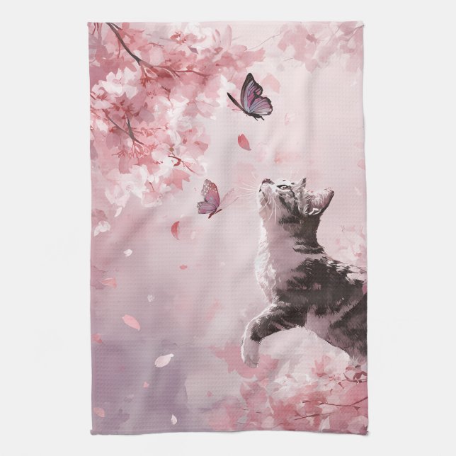 Cherry Blossom Cat and Butterflies (7) Kitchen Towel (Vertical)