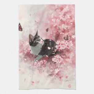 Cherry Blossom Cat and Butterflies (8) Kitchen Towel