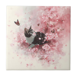Cherry Blossom Cat and Butterflies (8) Tile