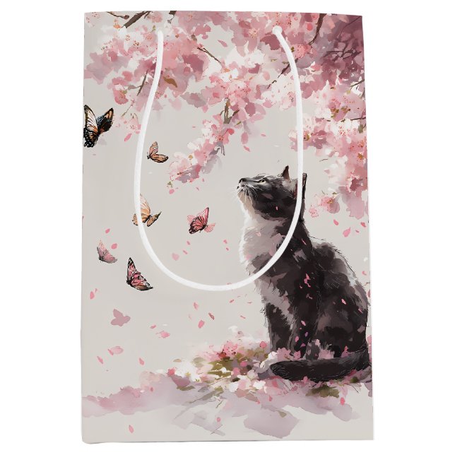 Cherry Blossom Cat and Butterflies (9) Medium Gift Bag (Front)
