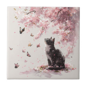 Cherry Blossom Cat and Butterflies (9) Tile