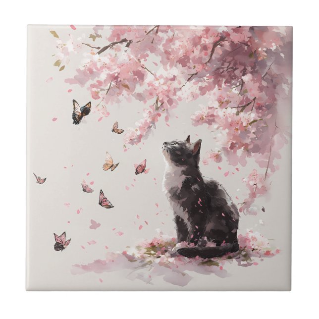 Cherry Blossom Cat and Butterflies (9) Tile (Front)