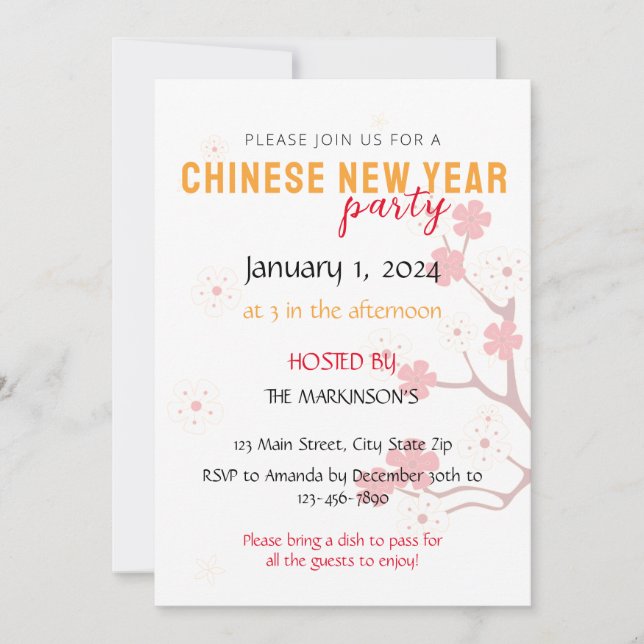 Cherry Blossom Chinese New Year Party Invitation (Front)