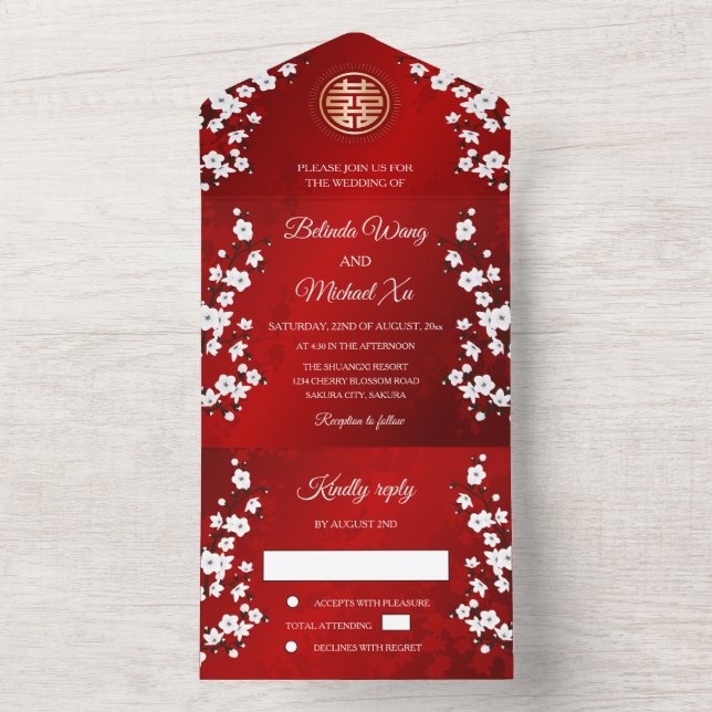 Cherry Blossom Chinese Wedding All In One Invitation (Inside)