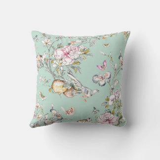 Cherry Blossom Chinoiserie on Aqua Background Throw Pillow