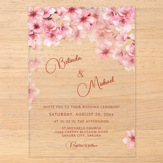  Cherry Blossom Clear Wedding Acrylic Invitations (Front)