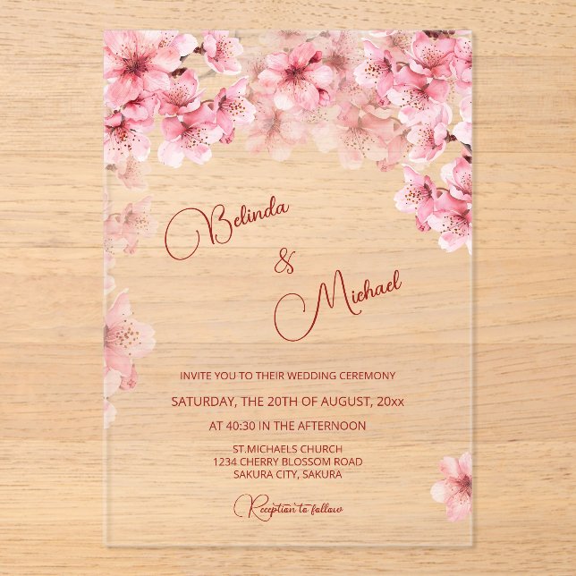  Cherry Blossom Clear Wedding Acrylic Invitations (Front)