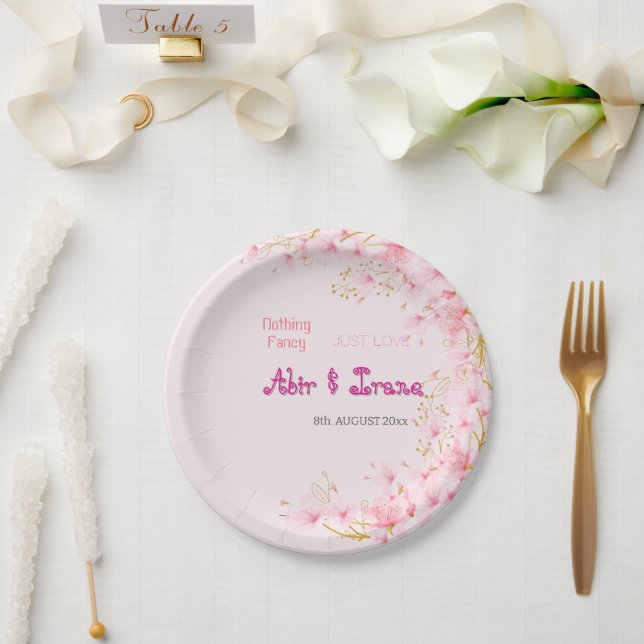 Cherry Blossom Custom Pink Personalized Elegant  Paper Plate (Wedding)