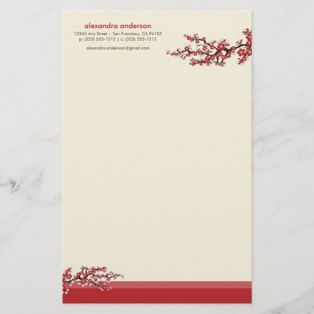 Cherry Blossom Custom Stationery (red) (Front)