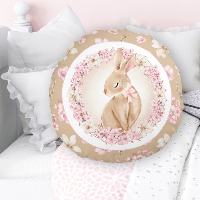 Cherry Blossom Cute Bunny Pink Beige Nursery Round Pillow (Cherry Blossom Cute Bunny Pink Beige Nursery Round Pillow)