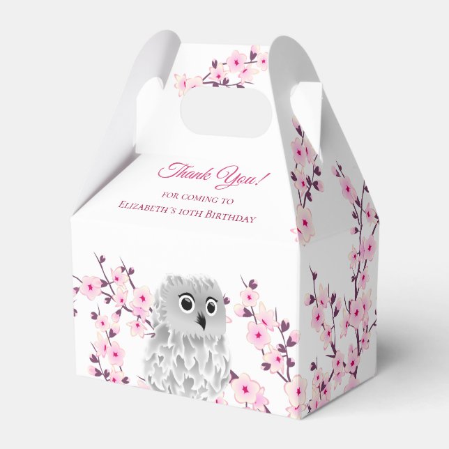 Cherry Blossom Cute Owl | Custom Kids Birthday Favor Box (Front Side)