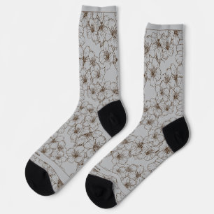 Cherry Blossom Drawing, Brown on Grey Socks