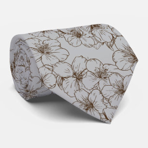 Cherry Blossom Drawing, Brown on Grey Tie